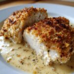 Two halves of a juicy Garlic Parmesan Chicken Bake with a crispy golden crust, resting in a creamy sauce.