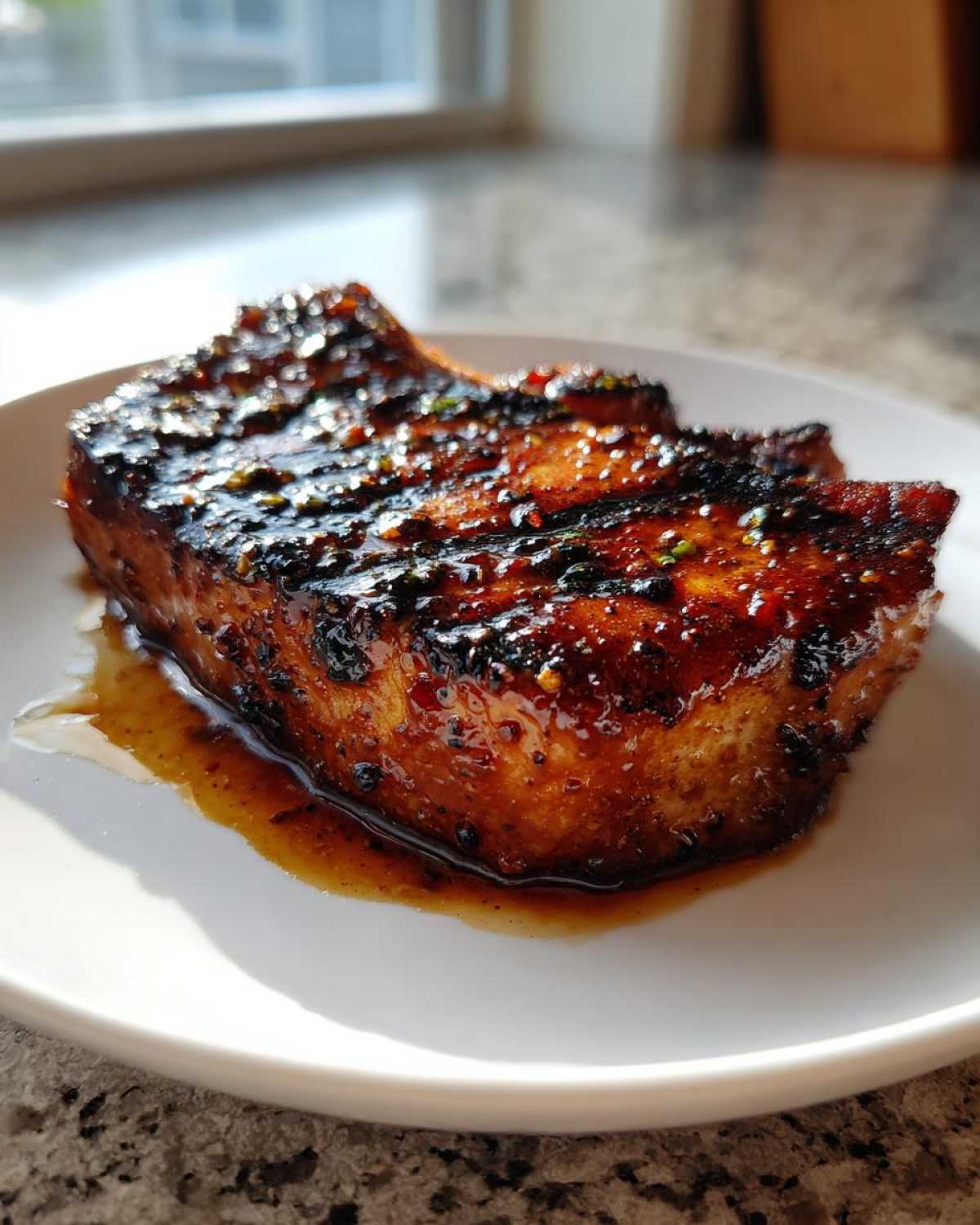 A thick, juicy pork chop glazed with a dark, caramelized marinade for pork chops, resting on a white plate.