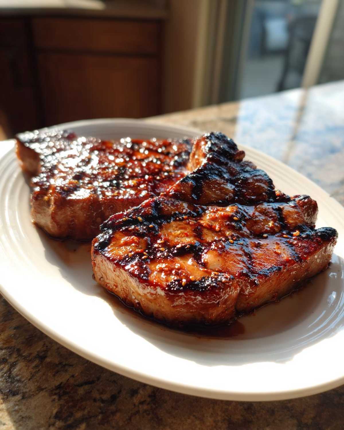 Two thick, glazed pork steak recipe cuts resting on a white plate, glistening under bright sunlight.
