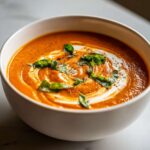 A close-up of a rich, orange tomato bisque garnished with a swirl of cream, fresh basil, and cracked pepper.