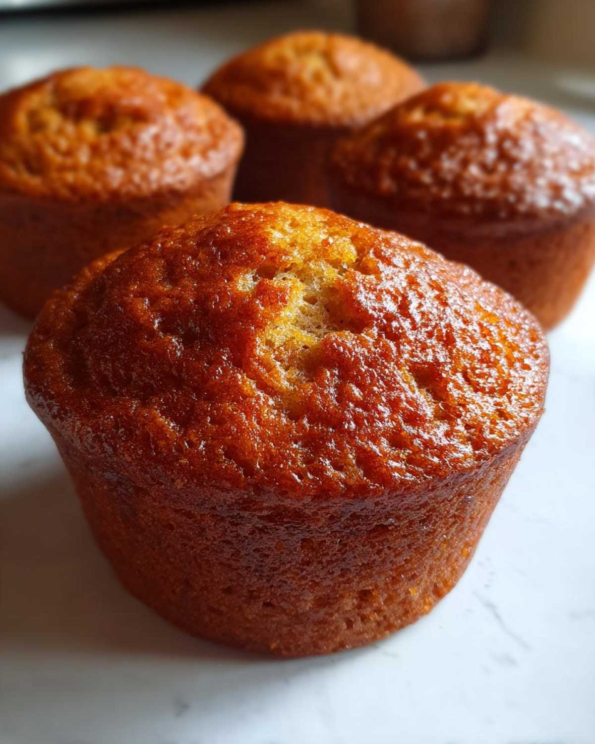 Close-up of a perfectly baked, golden-brown banana protein muffin with a shiny top.