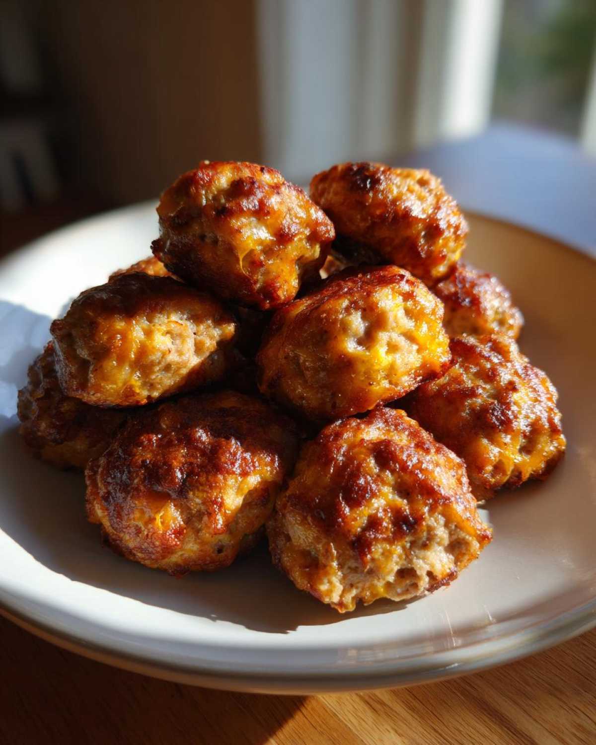 A stack of golden-brown, baked cream cheese sausage balls piled high on a light-colored plate.