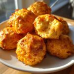 A pile of golden brown, baked cream cheese sausage balls stacked high on a white plate.
