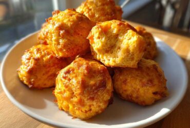 A pile of golden brown, baked cream cheese sausage balls stacked high on a white plate.
