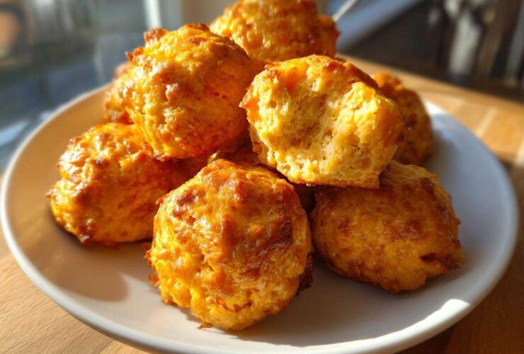 A pile of golden brown, baked cream cheese sausage balls stacked high on a white plate.