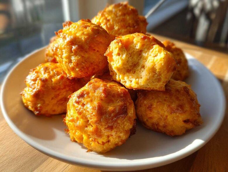 A pile of golden brown, baked cream cheese sausage balls stacked high on a white plate.