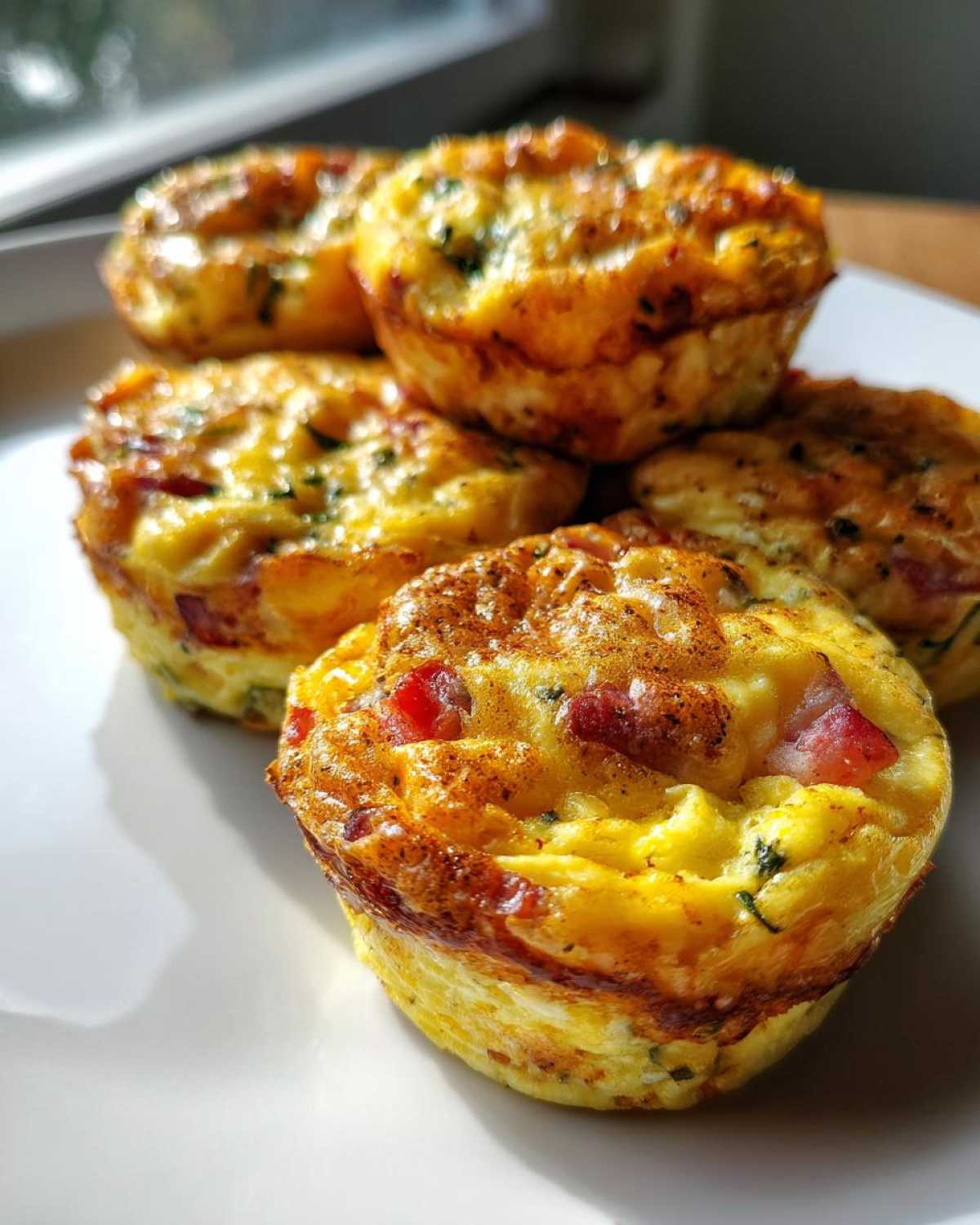 Close-up of several golden brown Egg Muffin Cups stacked on a white plate, featuring visible bits of red pepper and herbs.