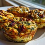 Four golden brown, baked high-protein egg bites topped with crispy bacon bits and green herbs on a white plate.