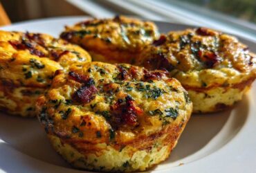 Four golden brown, baked high-protein egg bites topped with crispy bacon bits and green herbs on a white plate.