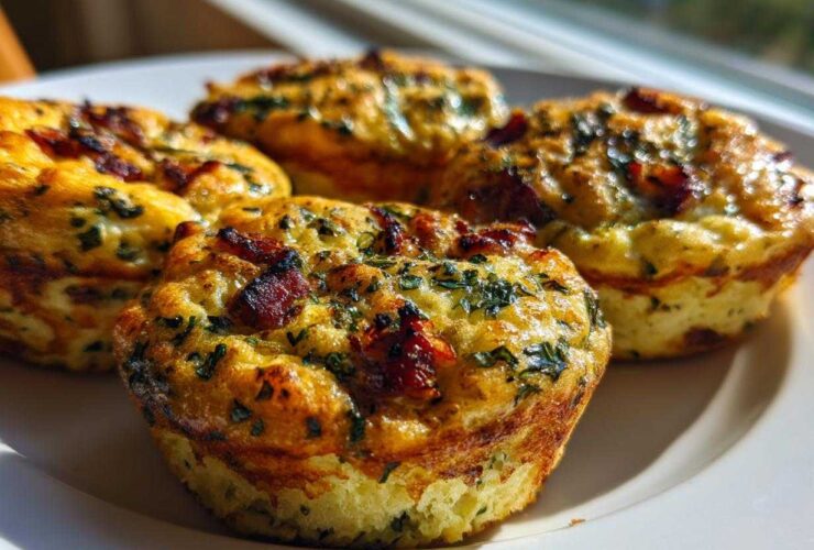 Four golden brown, baked high-protein egg bites topped with crispy bacon bits and green herbs on a white plate.
