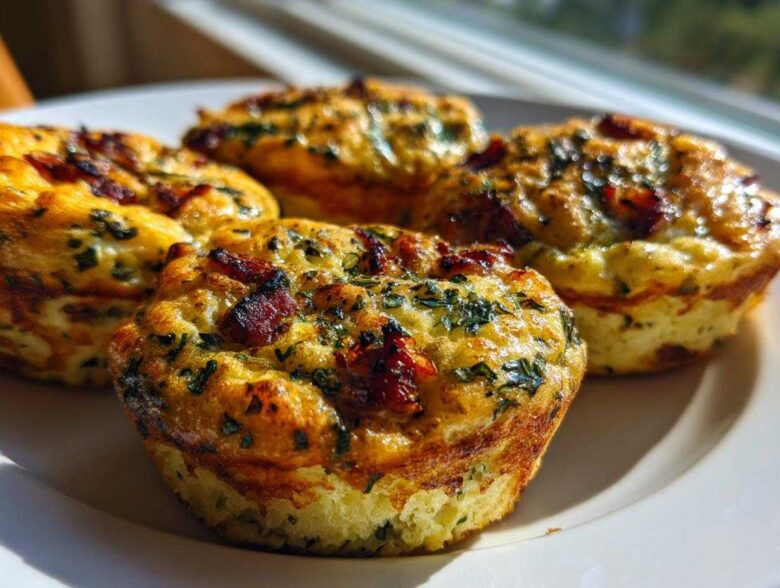 Four golden brown, baked high-protein egg bites topped with crispy bacon bits and green herbs on a white plate.