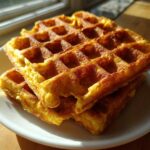 Two golden brown, fluffy high protein waffles stacked on a white plate near a sunny window.