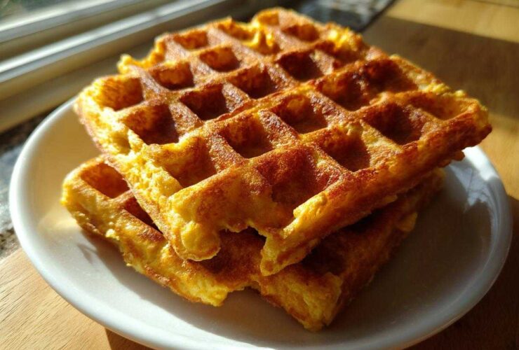 Two golden brown, fluffy high protein waffles stacked on a white plate near a sunny window.