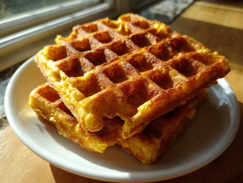 Two golden brown, fluffy high protein waffles stacked on a white plate near a sunny window.