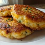 Three golden brown mashed potato cakes, featuring melted cheese and chives, stacked on a white plate.
