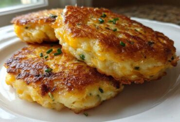 Three golden brown mashed potato cakes, featuring melted cheese and chives, stacked on a white plate.