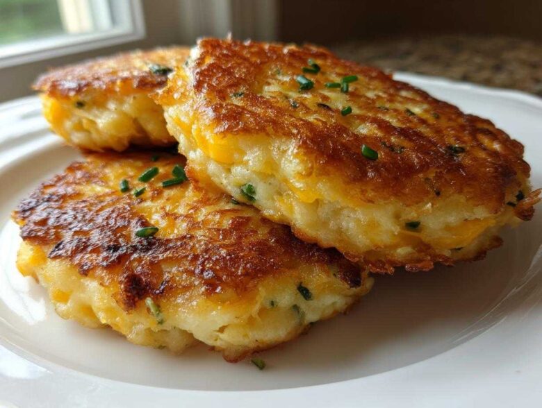 Three golden brown mashed potato cakes, featuring melted cheese and chives, stacked on a white plate.