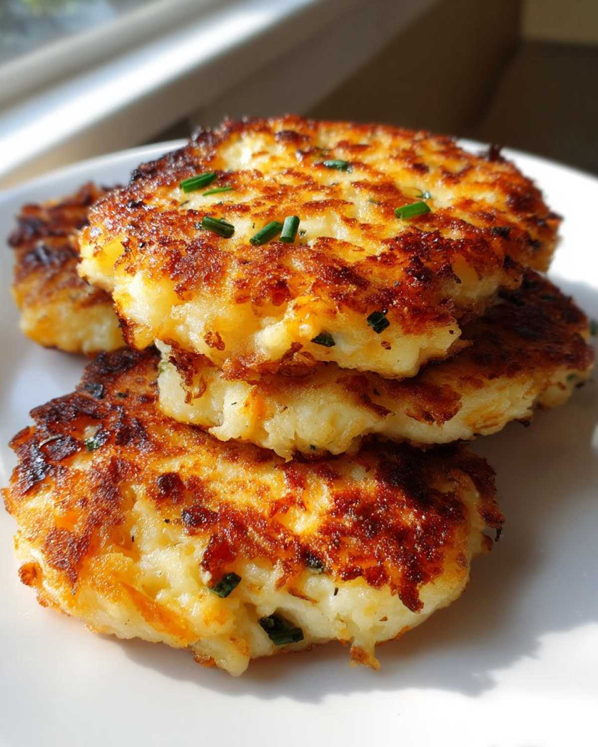 A stack of four golden brown, crispy mashed potato cakes garnished with fresh chives, ready to eat.