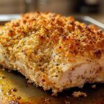 Close-up of a juicy chicken breast with a thick, golden parmesan crusted chicken topping.