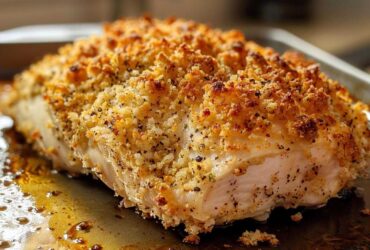 Close-up of a juicy chicken breast with a thick, golden parmesan crusted chicken topping.