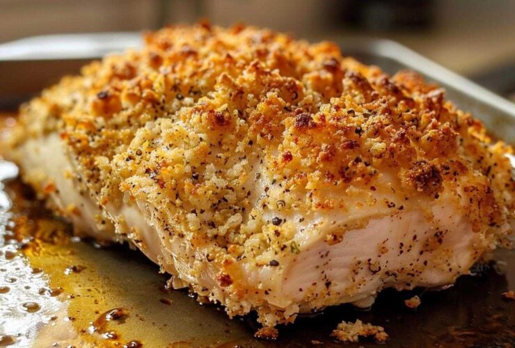 Close-up of a juicy chicken breast with a thick, golden parmesan crusted chicken topping.