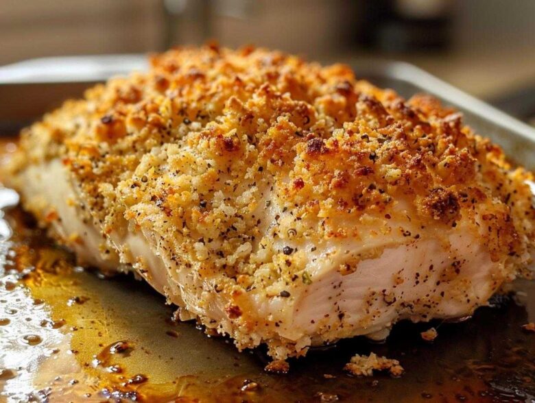 Close-up of a juicy chicken breast with a thick, golden parmesan crusted chicken topping.