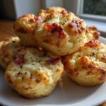 A stack of freshly baked, golden Pizza Muffins topped with melted cheese and herbs on a white plate.