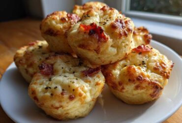 A stack of freshly baked, golden Pizza Muffins topped with melted cheese and herbs on a white plate.