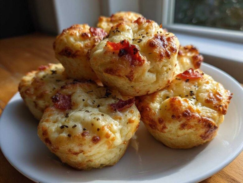 A stack of freshly baked, golden Pizza Muffins topped with melted cheese and herbs on a white plate.