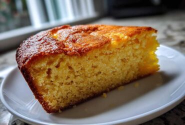 A close-up of a thick, golden slice of moist skillet cornbread served on a white plate.