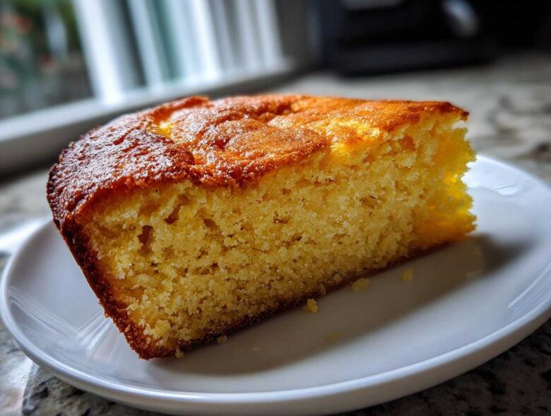 A close-up of a thick, golden slice of moist skillet cornbread served on a white plate.