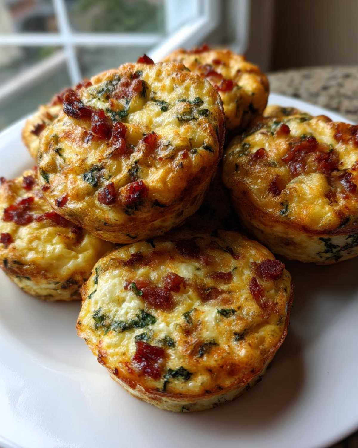A close-up of several golden brown, baked egg bites topped with bacon crumbles on a white plate.