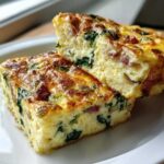 Two squares of fluffy, baked egg bites showing spinach and bacon pieces inside, resting on a white plate.