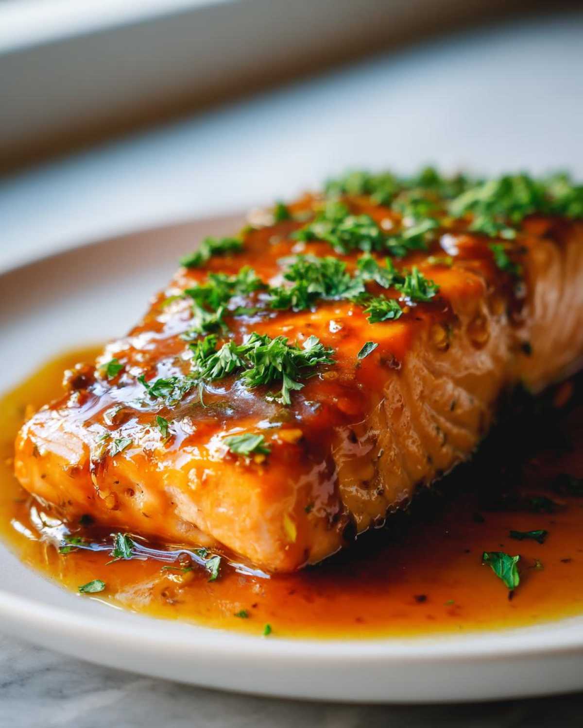 Close-up of a perfectly cooked salmon fillet covered in glossy honey garlic butter sauce and fresh parsley.