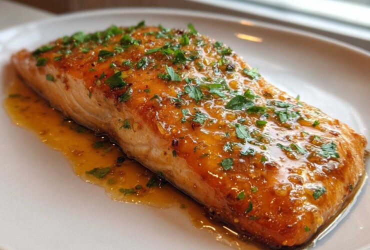 A close-up of a perfectly cooked salmon fillet glazed with honey garlic butter and topped with fresh parsley.