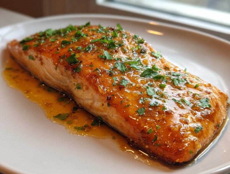 A close-up of a perfectly cooked salmon fillet glazed with honey garlic butter and topped with fresh parsley.
