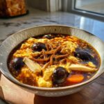 A close-up bowl of rich, dark brown hot and sour soup recipe, featuring ribbons of egg, shiitake mushrooms, and tofu.