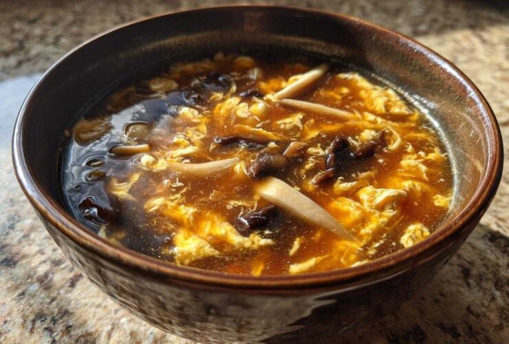 Close-up of a rich, dark broth filled with egg ribbons and mushrooms in a bowl of hot and sour soup recipe.