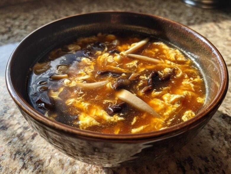 Close-up of a rich, dark broth filled with egg ribbons and mushrooms in a bowl of hot and sour soup recipe.