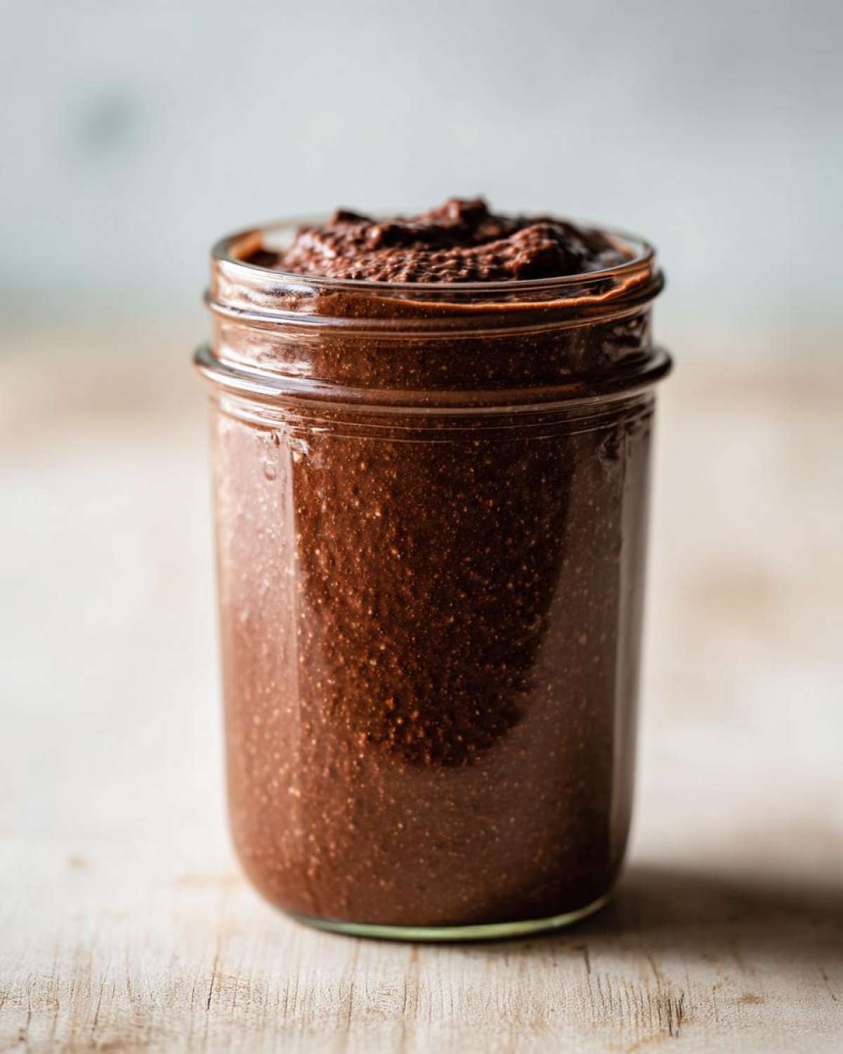 Close-up of a glass jar filled with thick, rich chocolate overnight oats.