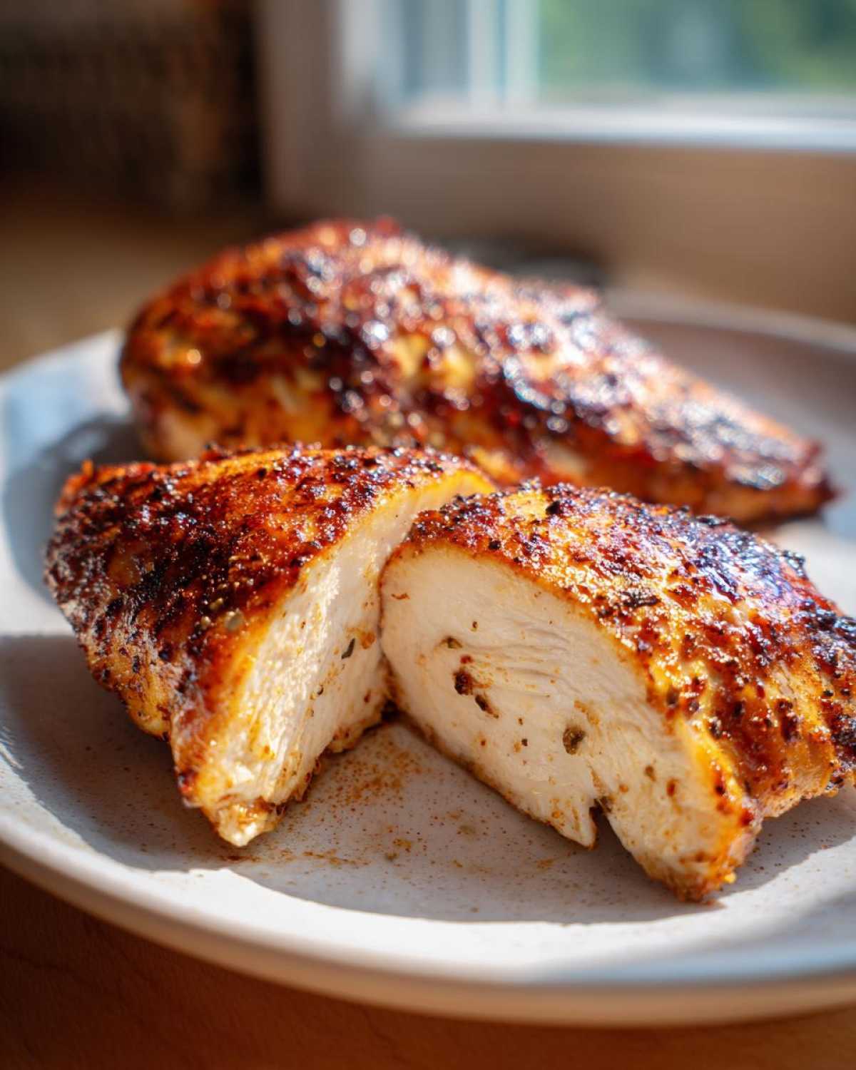 Close-up of perfectly cooked air fryer chicken breast, sliced to show juicy white interior and seasoned crust.
