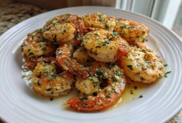 Close-up of juicy, butter-garlic seasoned air fryer shrimp piled on a white plate, ready to eat.