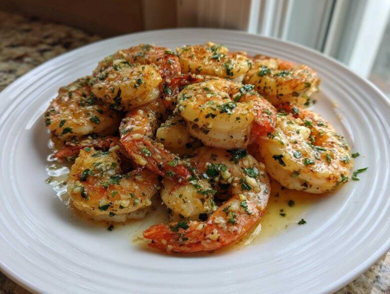 Close-up of juicy, butter-garlic seasoned air fryer shrimp piled on a white plate, ready to eat.