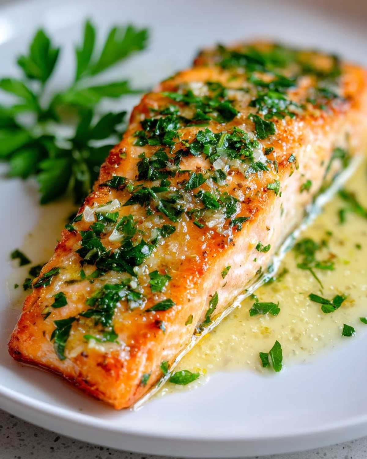 Close-up of a perfectly cooked baked salmon recipe fillet topped with garlic and fresh parsley.