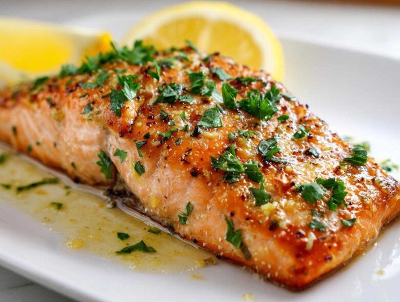 Close-up of a perfectly cooked baked salmon recipe fillet topped with herbs and lemon butter sauce.