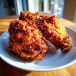 Three pieces of golden brown, extra-crunchy fried chicken resting on a white plate.