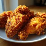 Close-up of several pieces of golden brown, extra-crunchy fried chicken piled on a white plate.