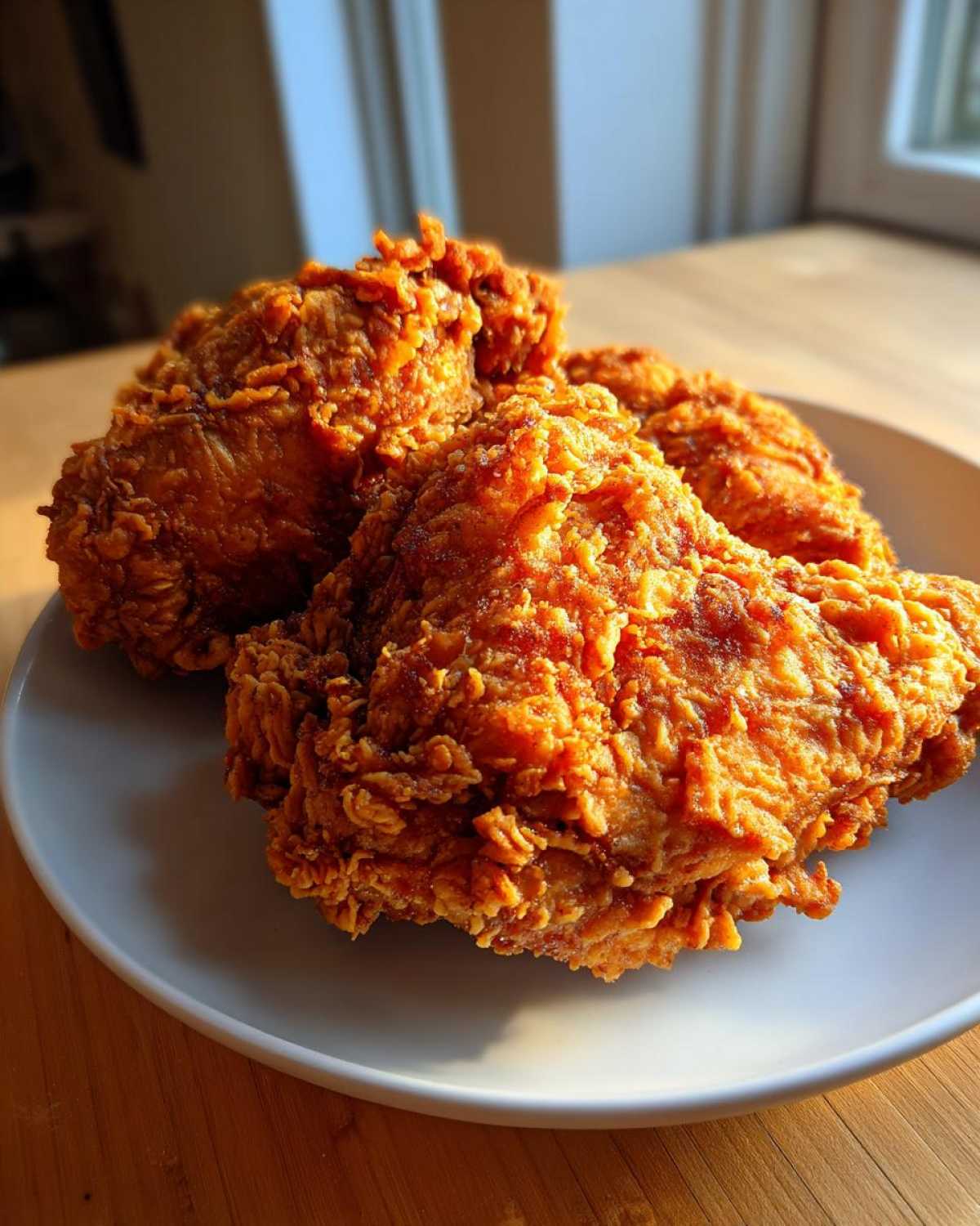 Close-up of three pieces of golden brown, extra-crispy fried chicken resting on a light gray plate.