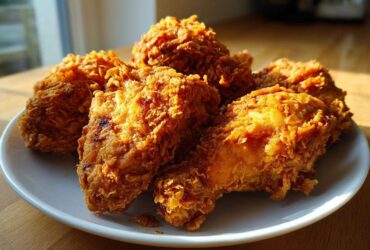 Close-up of several pieces of golden brown, extra-crunchy fried chicken piled on a white plate.