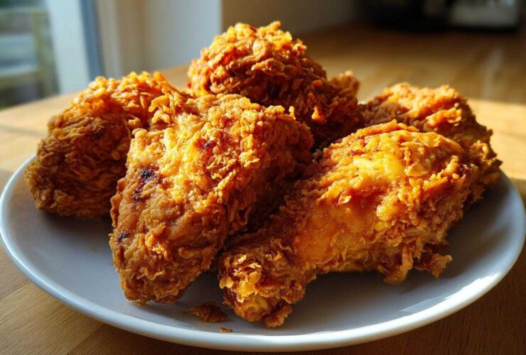Close-up of several pieces of golden brown, extra-crunchy fried chicken piled on a white plate.